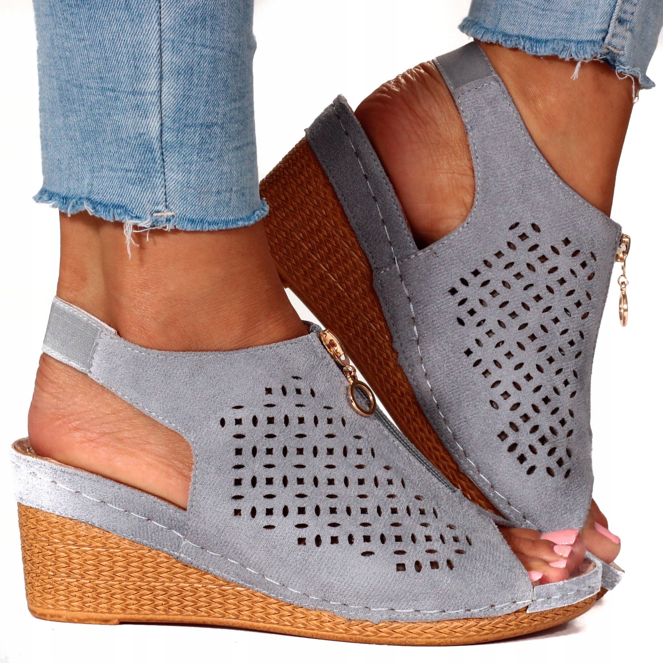 ELEGANCKIE SANDAŁY DAMSKIE NA koturnie SKÓRA Materiał zewnętrzny inny