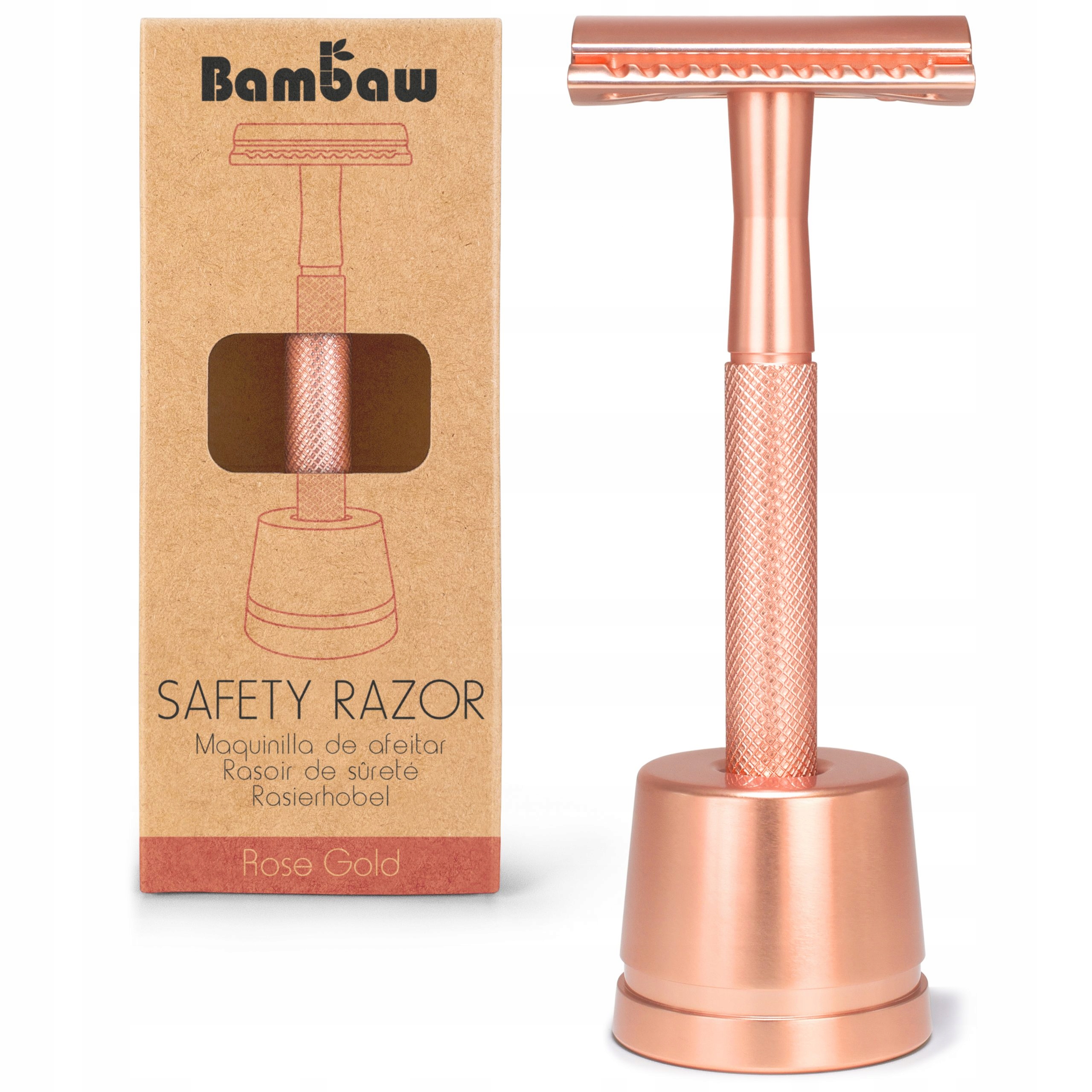 Bambaw, kovový holicí strojek Rosegold stojan