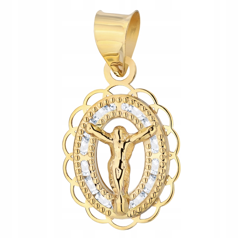 Zlatý Medailonek pr. 585 14k Zdobený s Ježíšem a Zirkoniemi Křest Svaté Přijímání