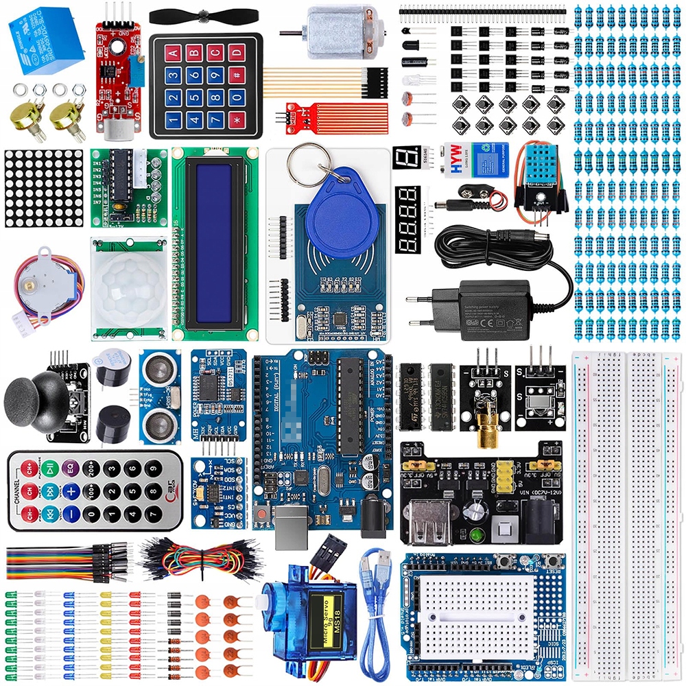Zestaw startowy Arduino XL płytki czujniki rezystory zasilacz 248 el.