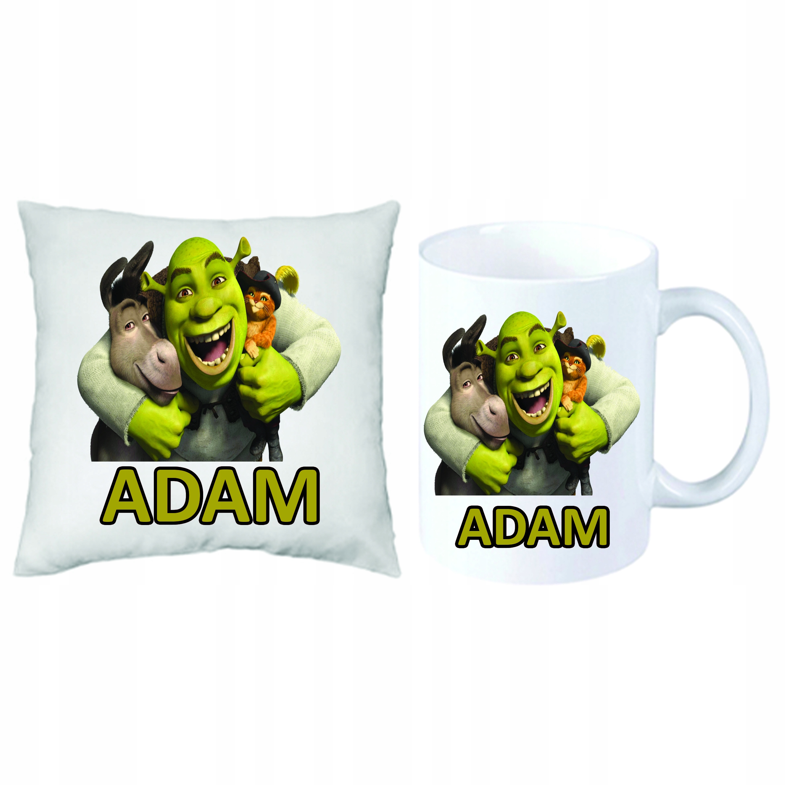 Shrek Osioł Kot ZESTAW PODUSZKA + KUBEK + IMIĘ