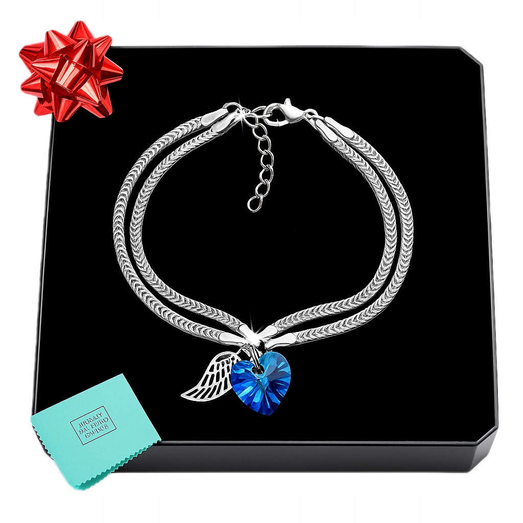 Bransoletka srebrna 925 damska skrzydło anioła i serce Swarovski