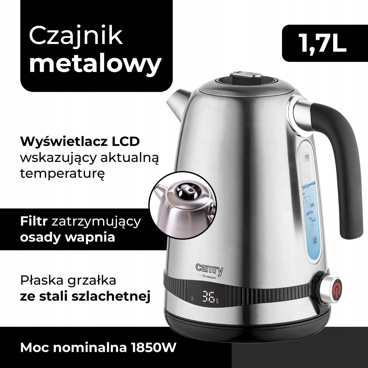 CR 1291 Czajnik Metalowy 1,7L z LCD i Regulacją Temperatury