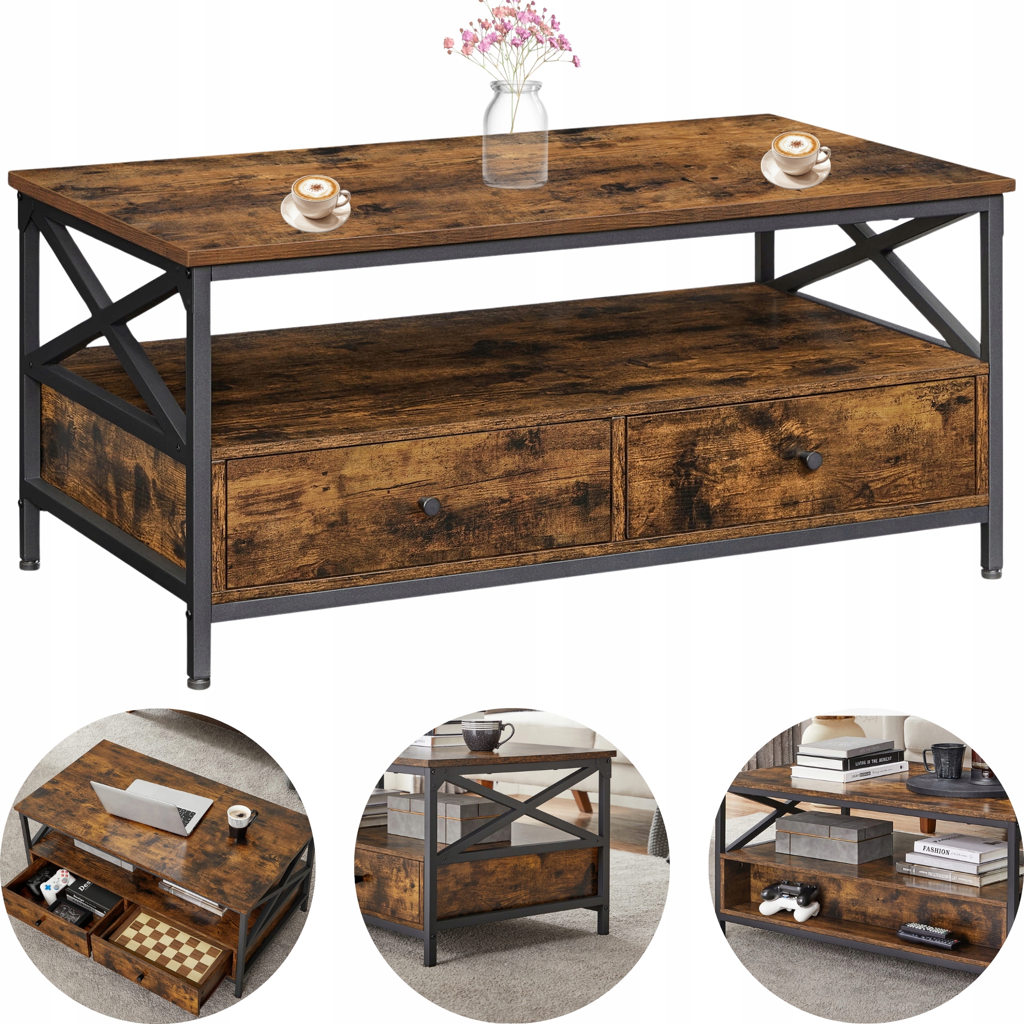 Konferenčný Stolík s 2 zásuvkami Industriálna lavica Tmavohnedá Loft 100x55x45 cm