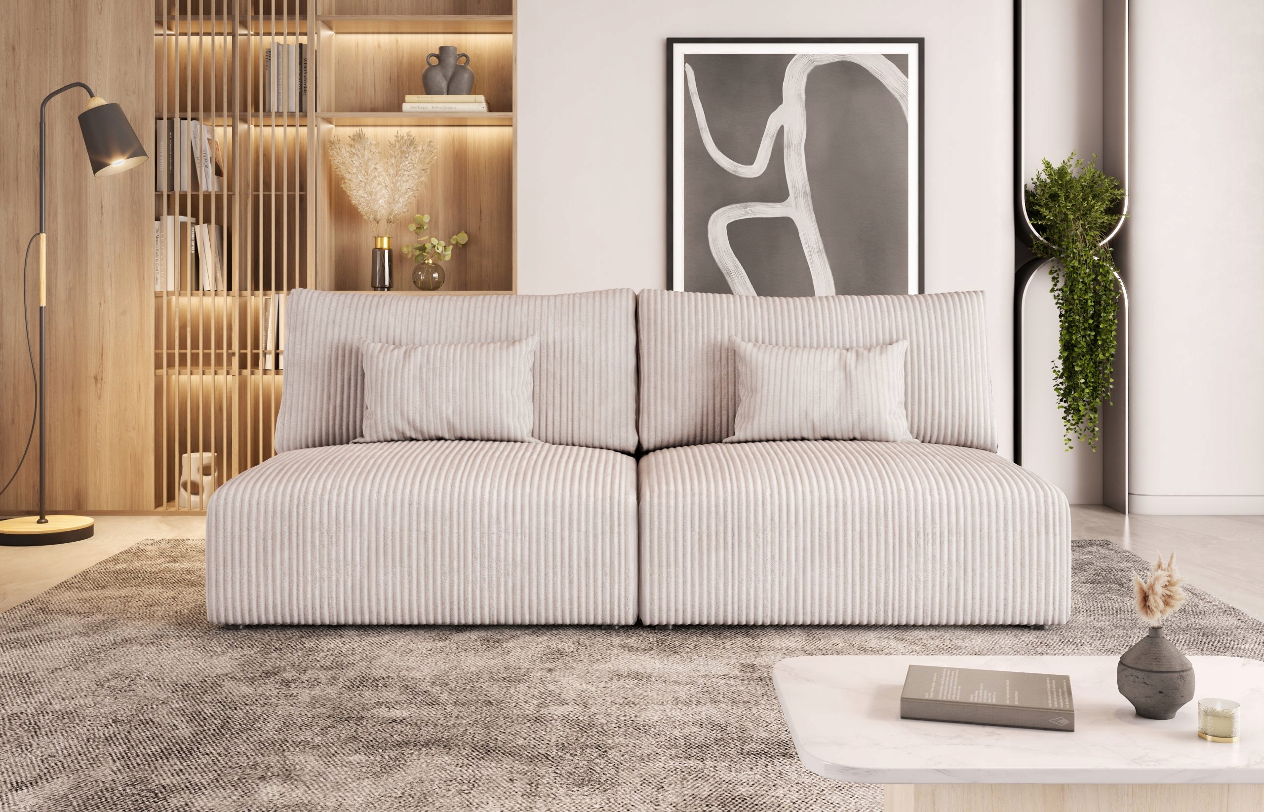 Krémová pohovka s funkcí spaní Modulo s úložným prostorem na povlečení.