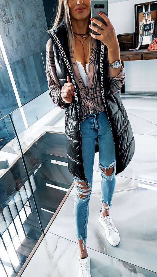 KAMIZELKA DŁUGA PIKOWANA BEZRĘKAWNIK CZARNA Marka bez marki