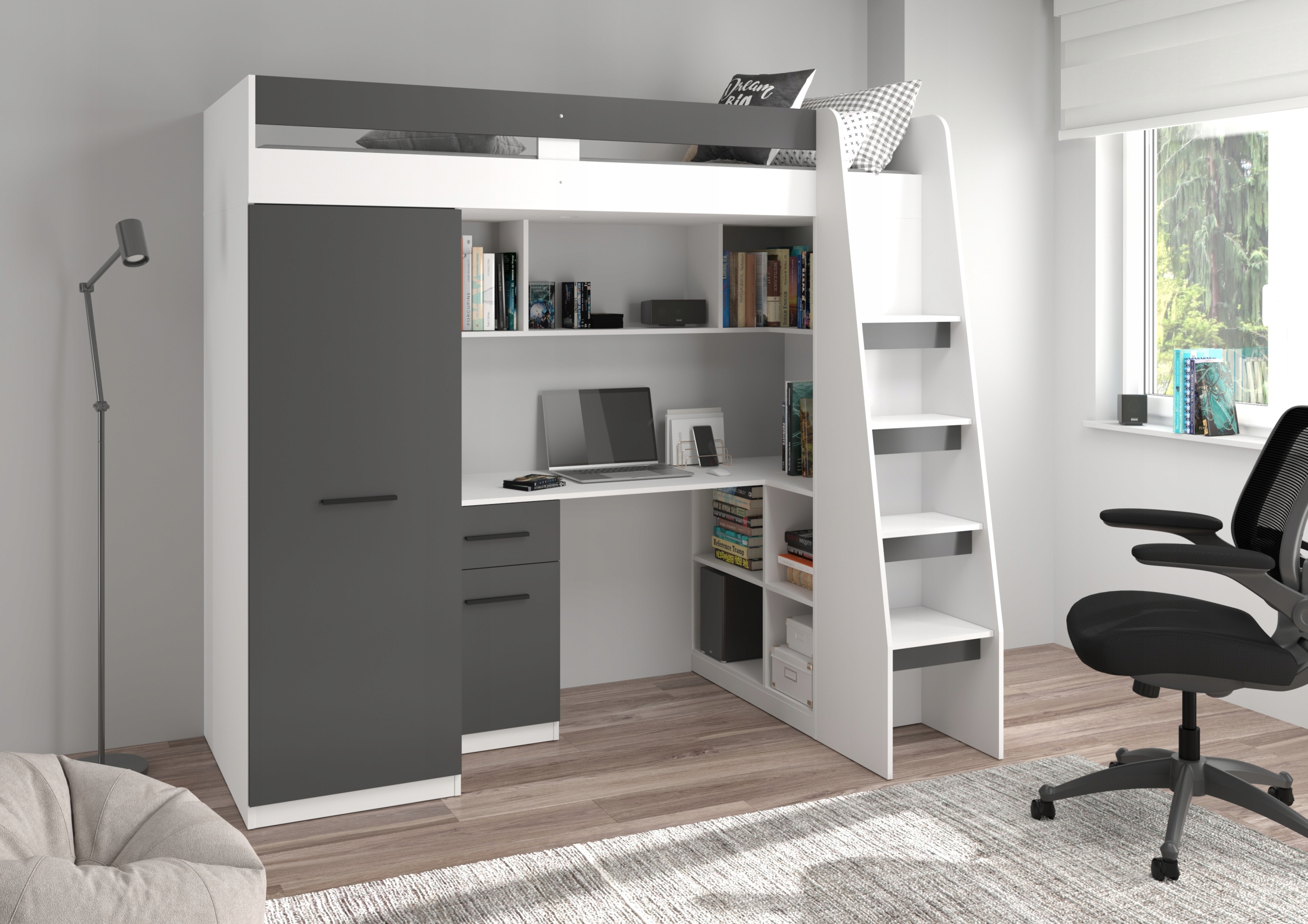 Hi5 prawy biały/grafit łóżko piętrowe