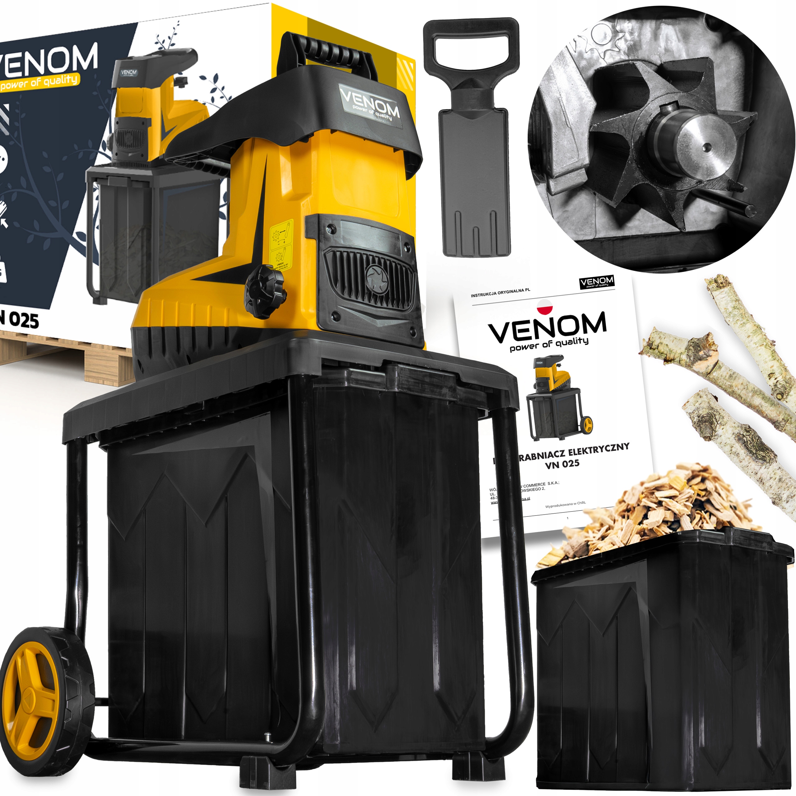 Elektrický Drtič Štěpkovač Větví, Nádrž 60 L, Frézovací Válec