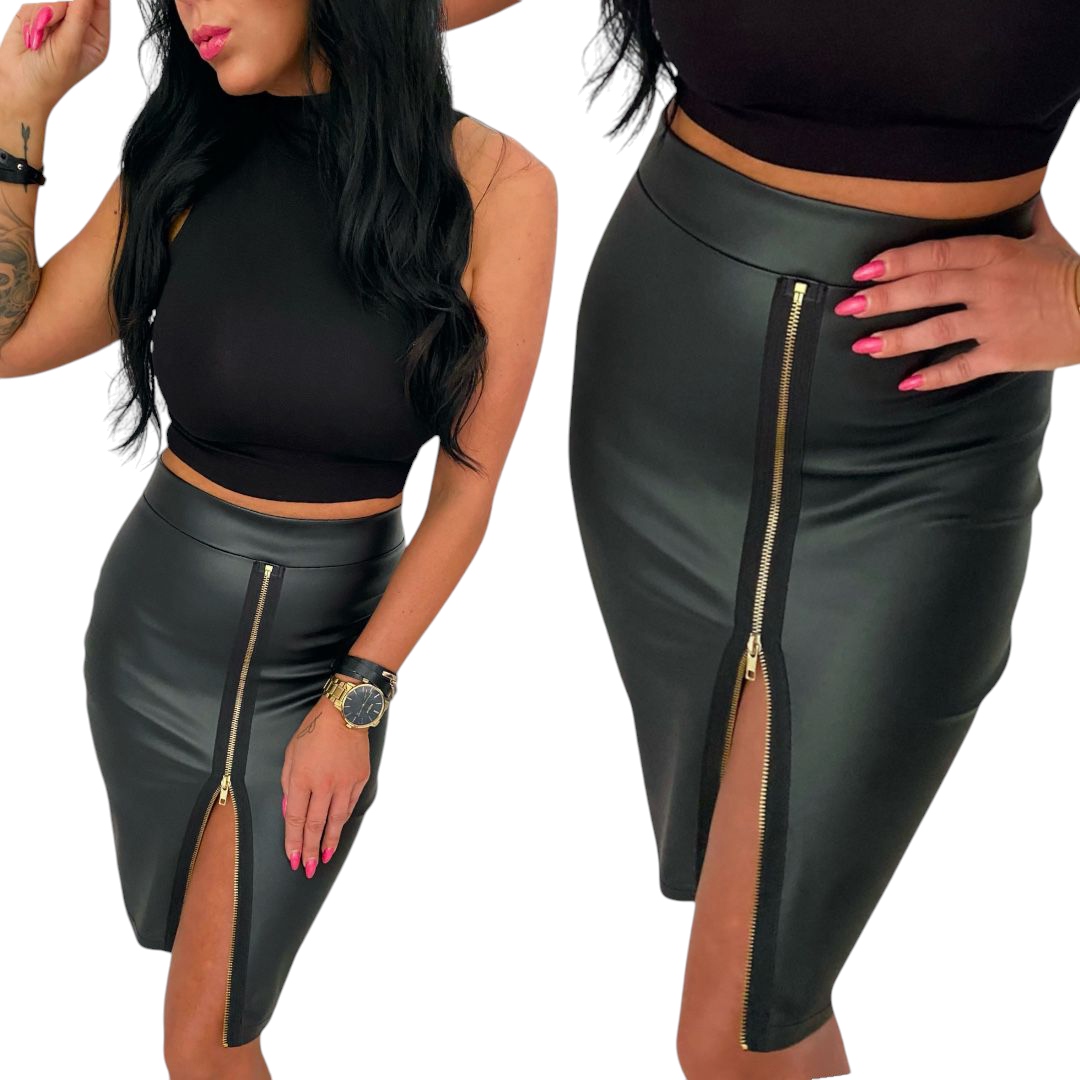 Elegantní kožená sexy trubková ceruzková Sukně s rozparkem, velikost L 40