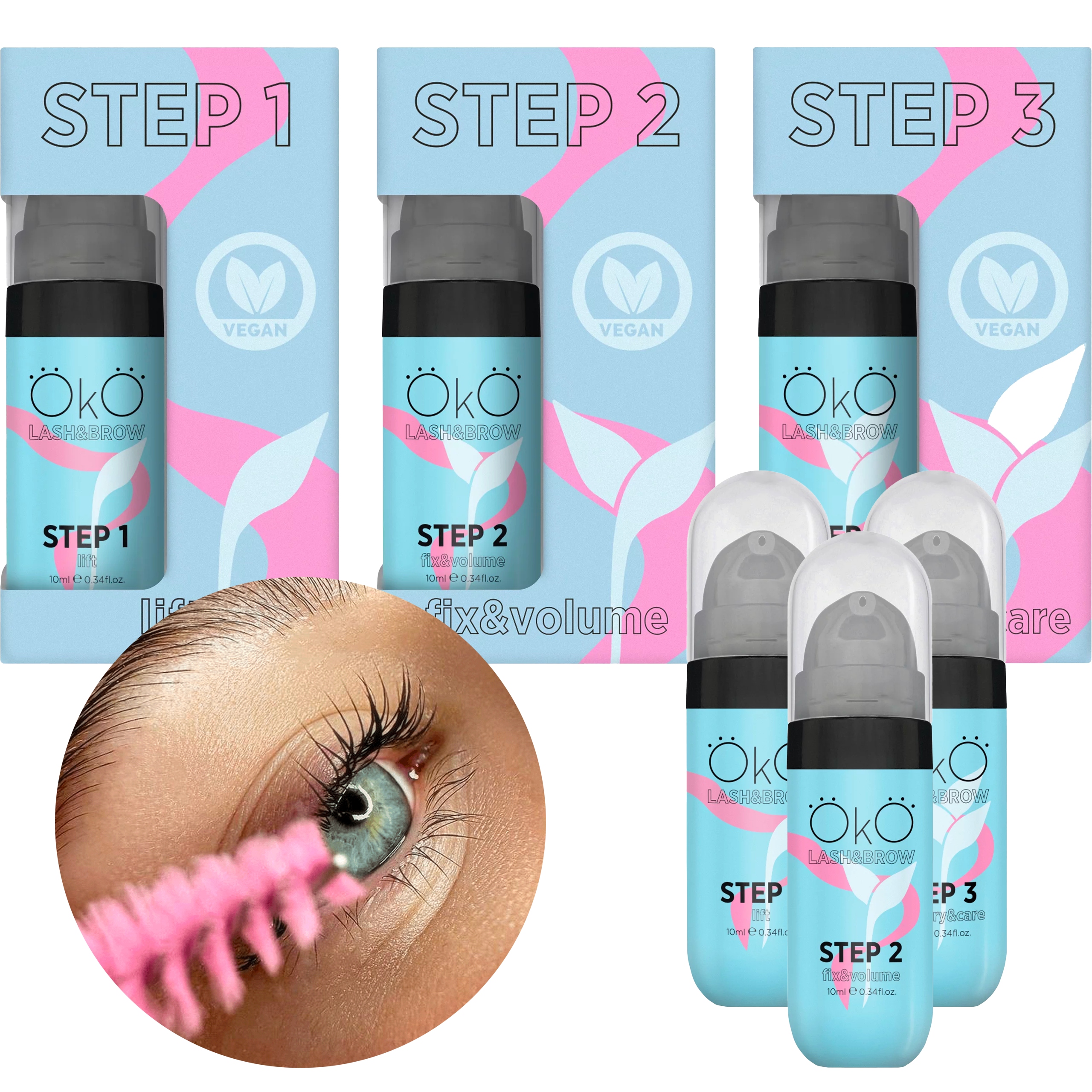Prostředky Pro Lifting Laminace Řas A Obočí Set Step 1-2-3 OkO 10 ml