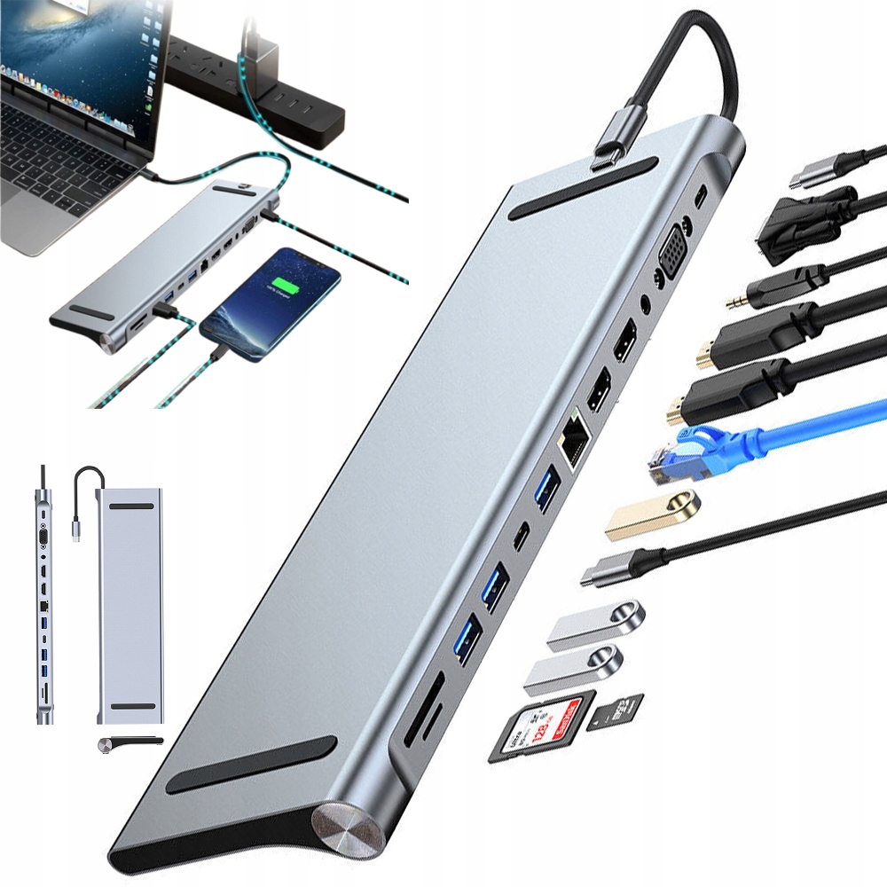Dokovací Stanice 12V1 Type-c Hdmi Vga Usb 3.0 Audio Konektor RJ45 Praktická