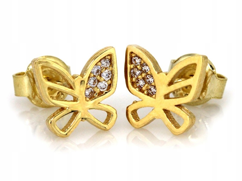 Zlaté náušnice 585 14kt prolamované motýlky zdobené zirkony 1.13g na tyčinku