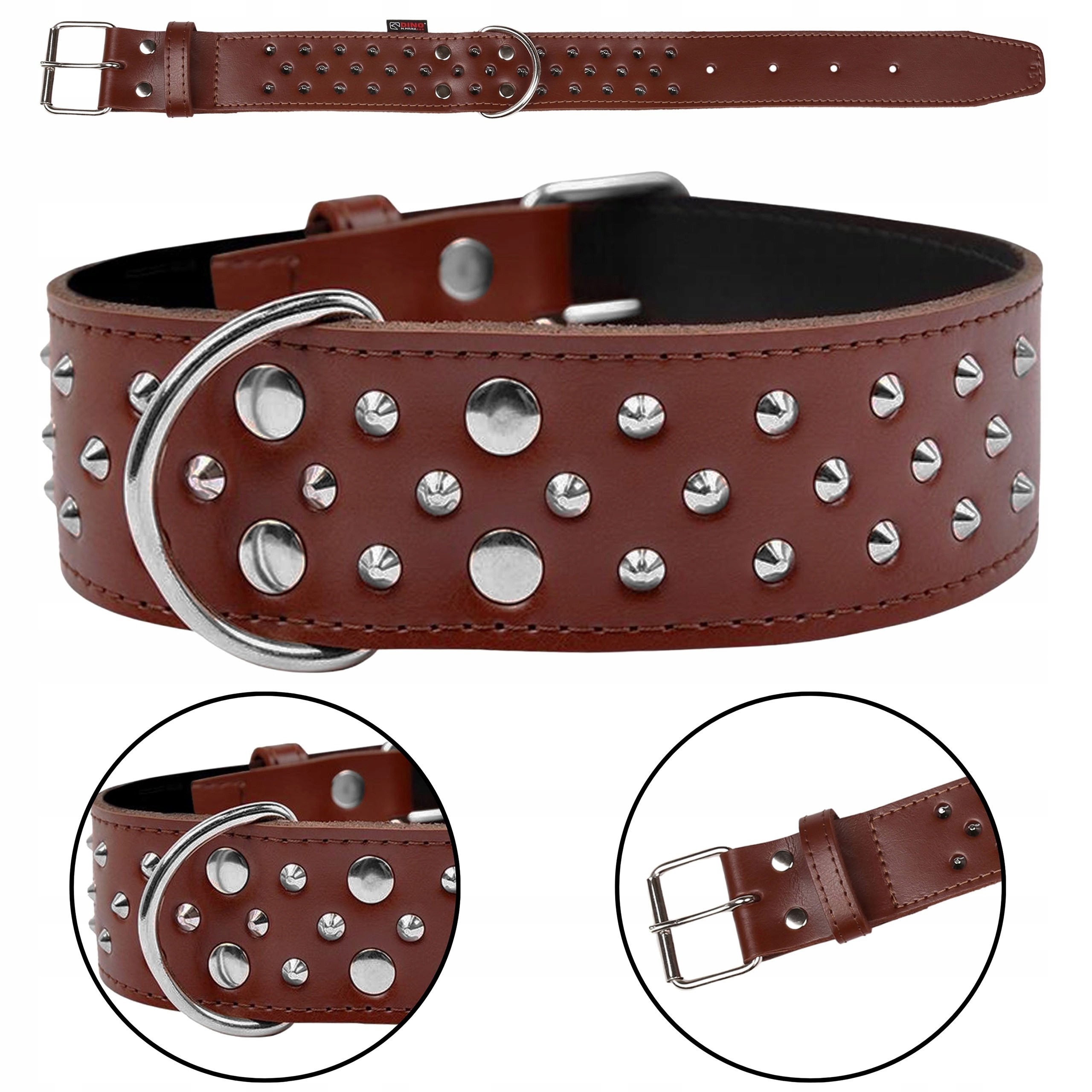 Levně Hnědý kožený obojek s cvočky, obojek pro psa 50mm/50cm