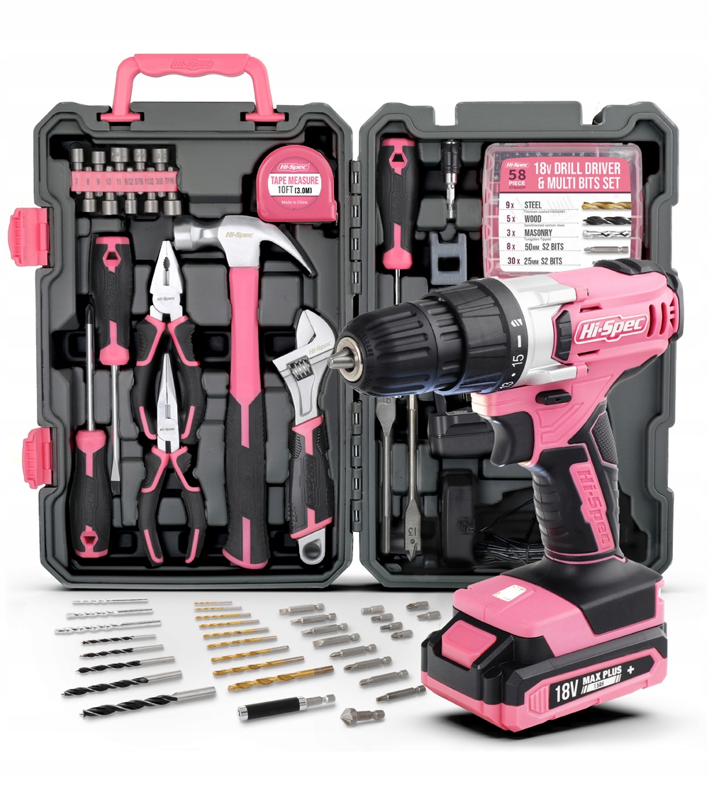Hi-Spec 81-dielna ružová akumulátorová vŕtačka 18 V a kompletný set