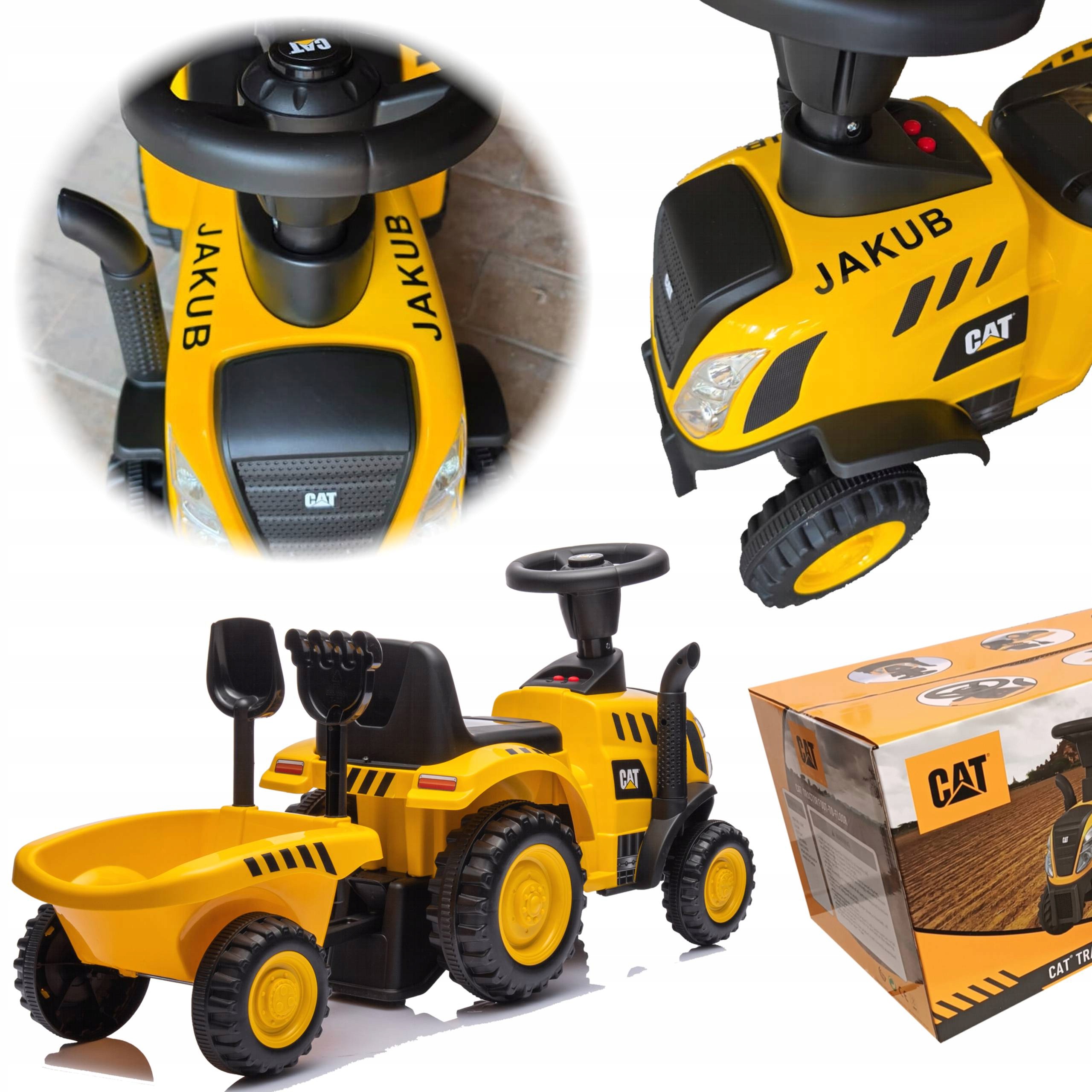 jeździk pchacz traktor Cat z przyczepką Personalizacja Imię