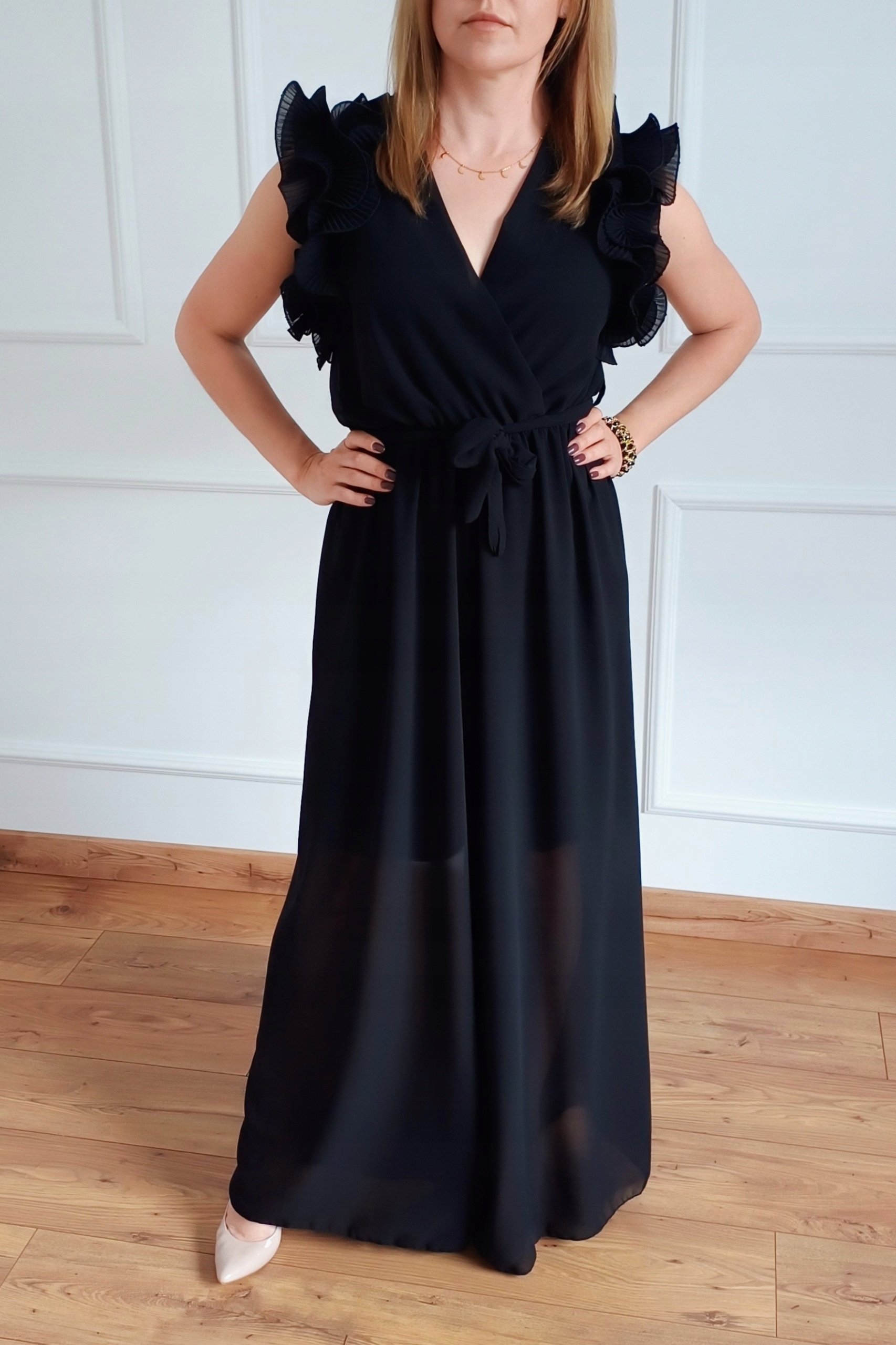 Włoski Kombinezon Damski Elegancki Wizytowy Falbany Kolory uni Rękaw krótki rękaw