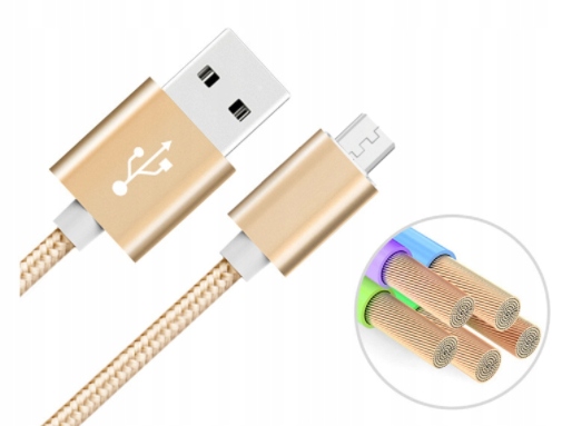 Kabel microUSB micro USB oplot złoty 2m Długość przewodu 2 m