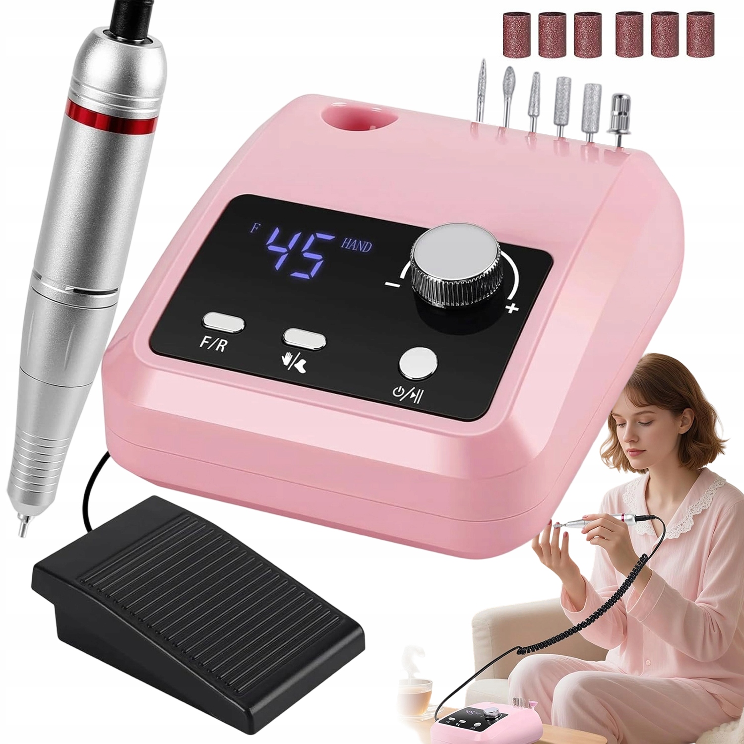 Elektrický Pilník Na Nehty S Nastavitelnou Rychlostí 45000 Ot/min Pedálem Růžový
