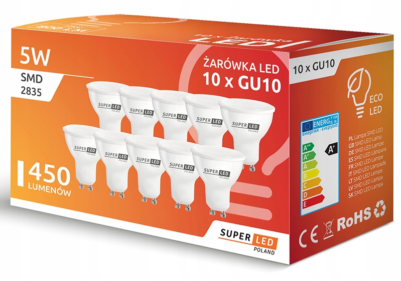 

10x Żarówka Led GU10 5W SuperLED 450lm 45W