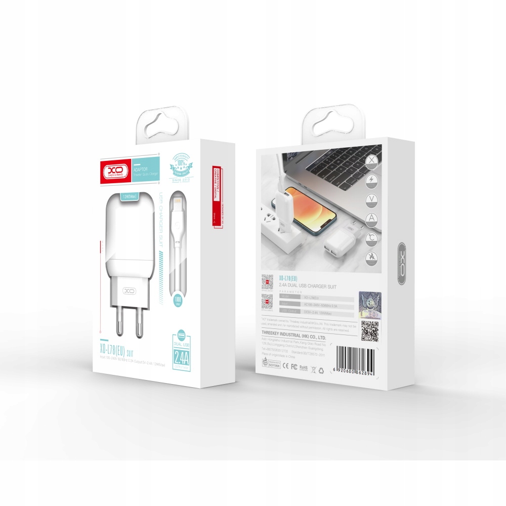 

Xo Szybka Ładowarka + kabel typ-C biała 2USB 2,4A