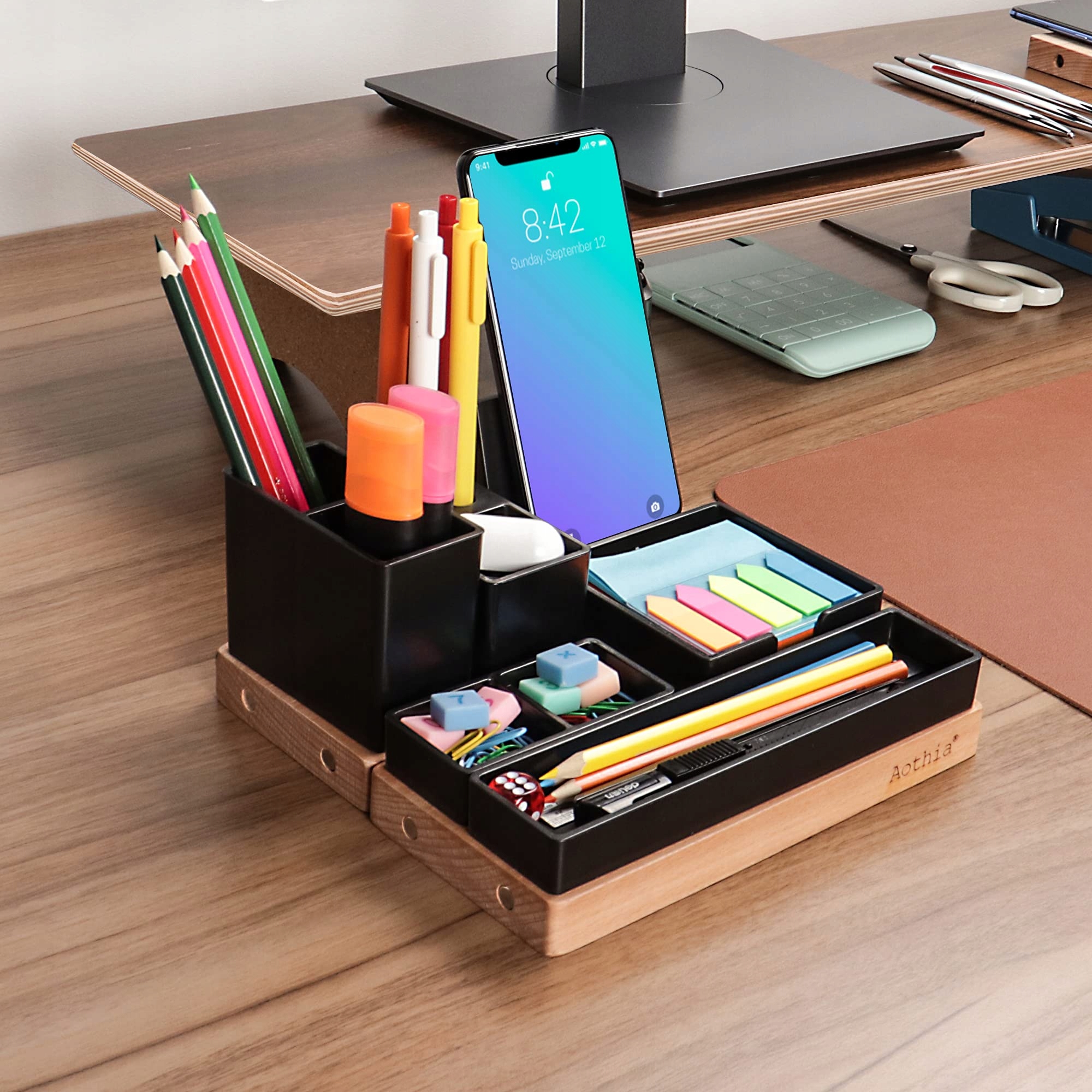 AOTHIA Organizer Biurkowy Drewniany Regulowany Czarny Stojak Na Telefon — miniatura 7