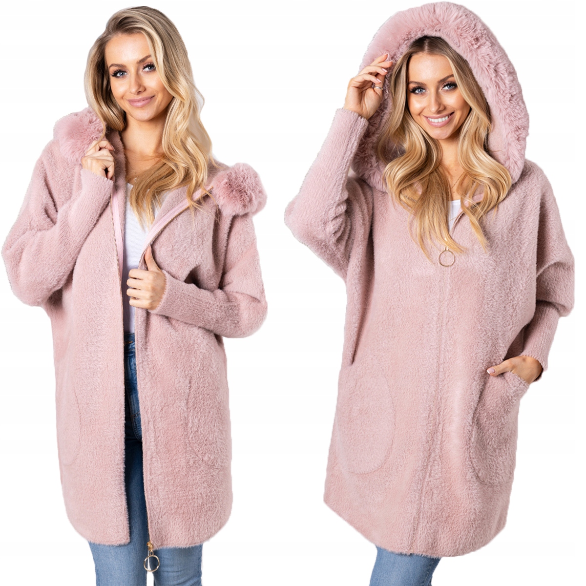 Nadýchaná Alpaka Kabát Kapuce s kožešinou Měkký, teplý, dámský Pudrová Růžová