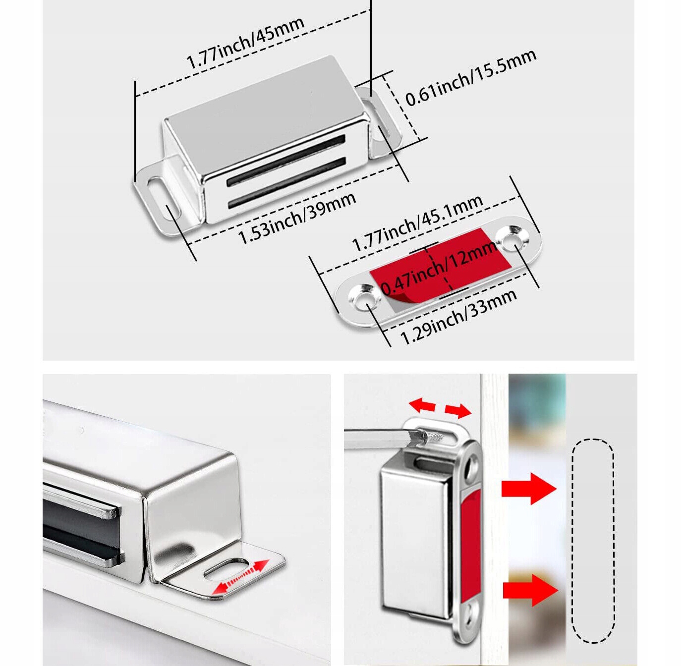 MAGNES NA DRZWI SZAFKI, SZUFLADY, SAMOPRZYLEPNY MAGNETYCZNY ZACZEP NA DRZWI Długość 45 mm