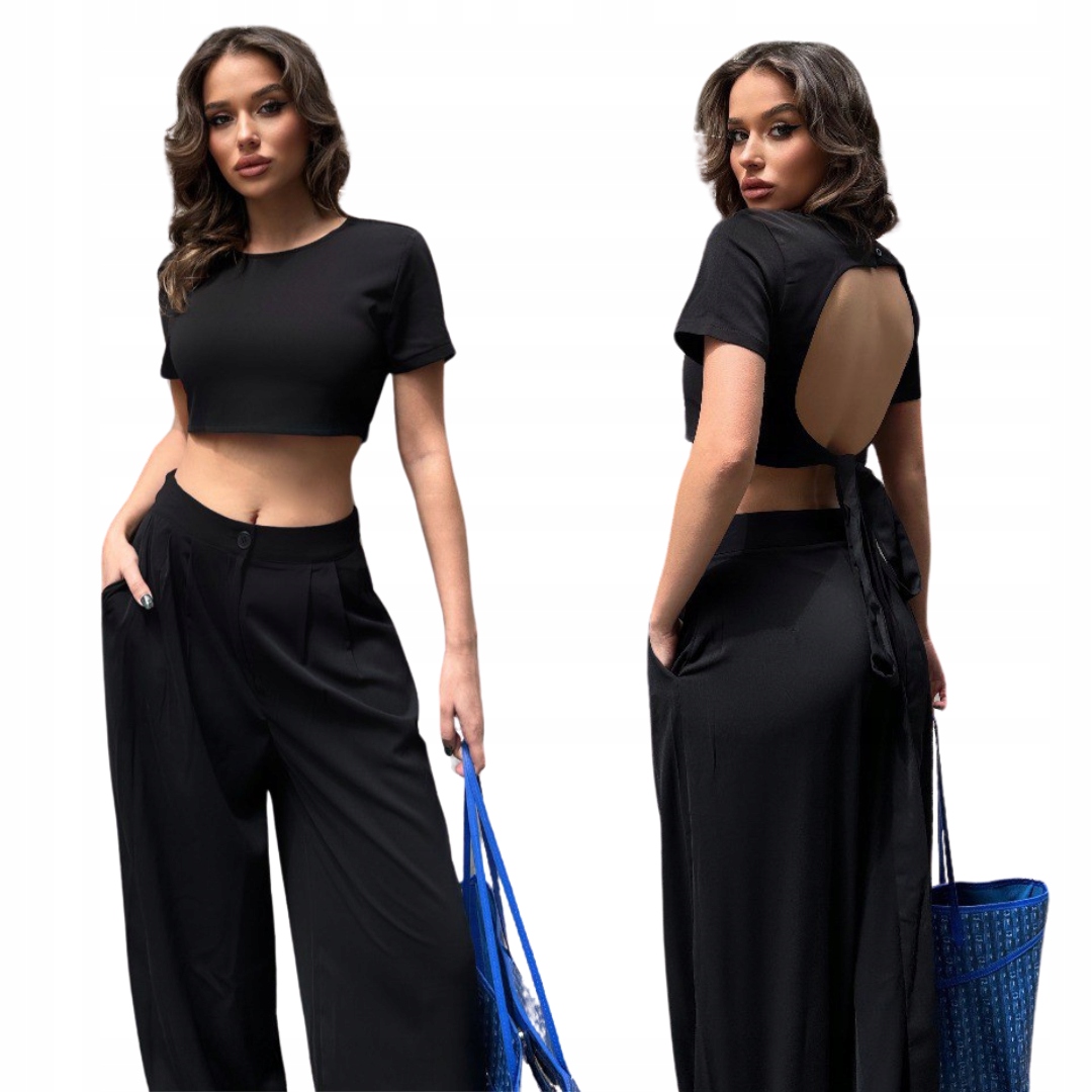 Stylový komplet: Černý top a široké kalhoty – elegance a pohodlí S