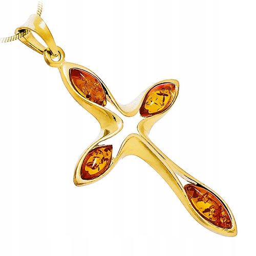 Zlatý Křížek přívěsek s přírodním Jantarem stříbro 925 Pozlacený