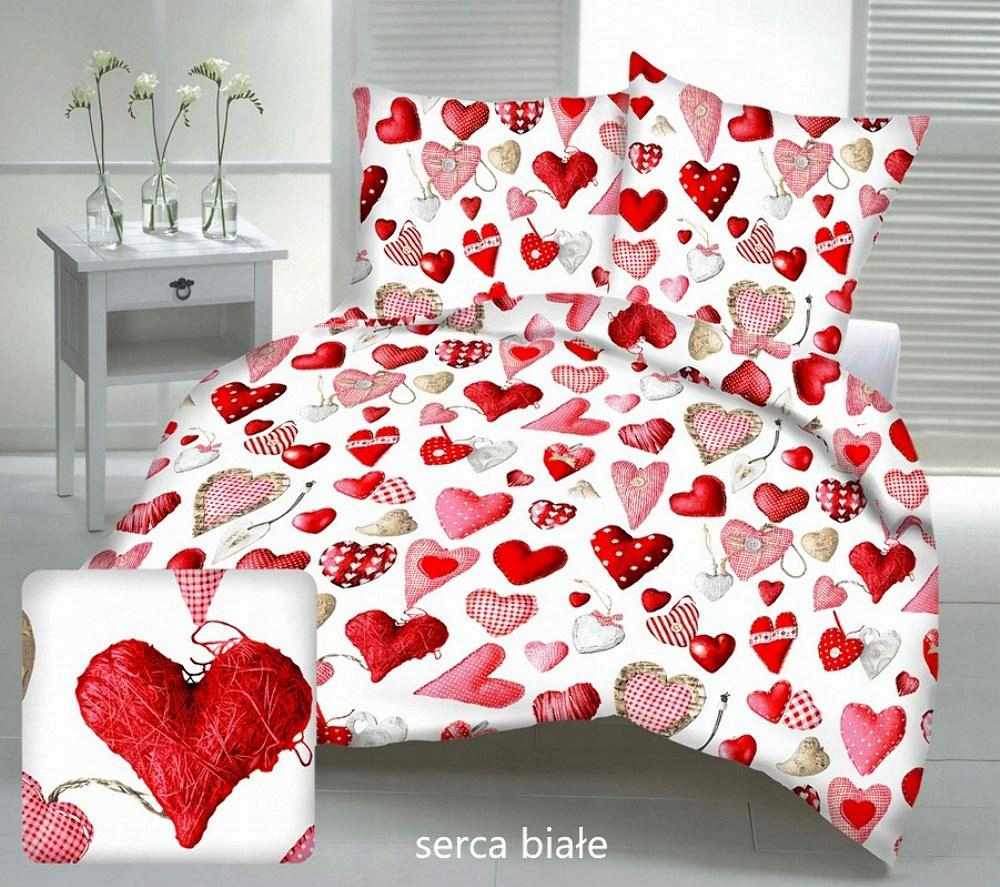 Krepové povlečení 160x200 bílá červená valentýnská srdíčka na knoflíky