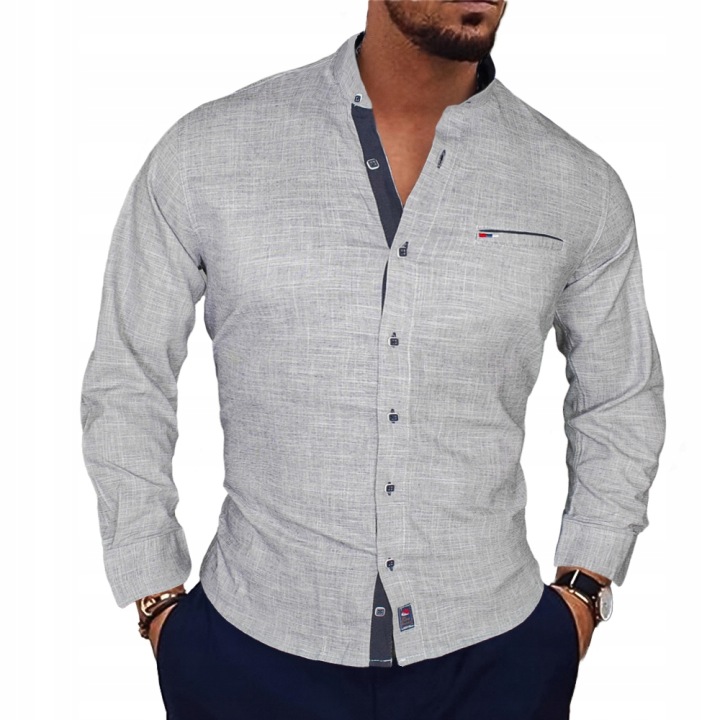 Koszula Bawełniana bez kołnierza Stójka Przewiewna