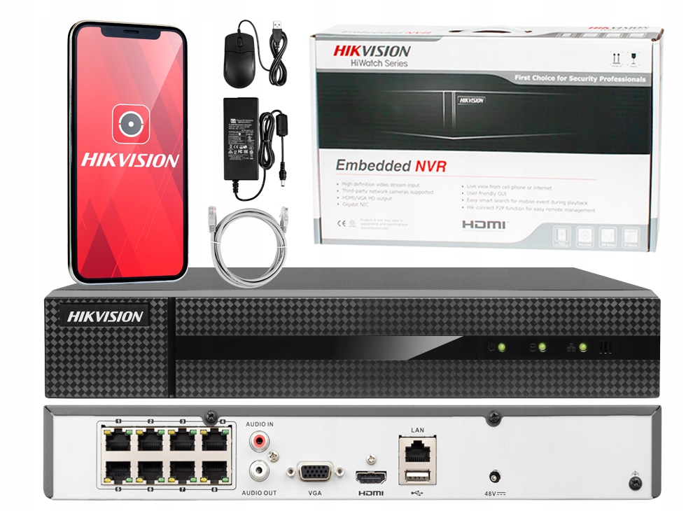 Zestaw Hikvision 5 Kamer IP PoE 4MP + Rejestrator Model IPCAM-B4 black-(5x)-NVR-8CH-POE-1TB