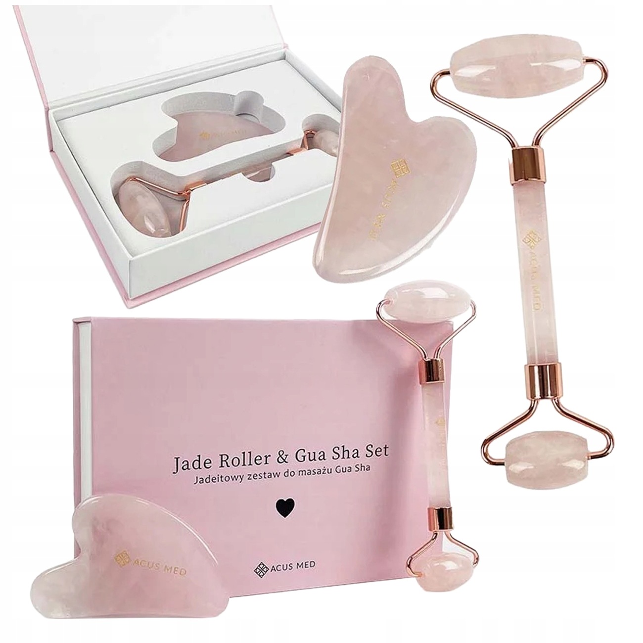 Jadeitová masážní sada Gua Sha Destička a váleček Acus Med Růžová