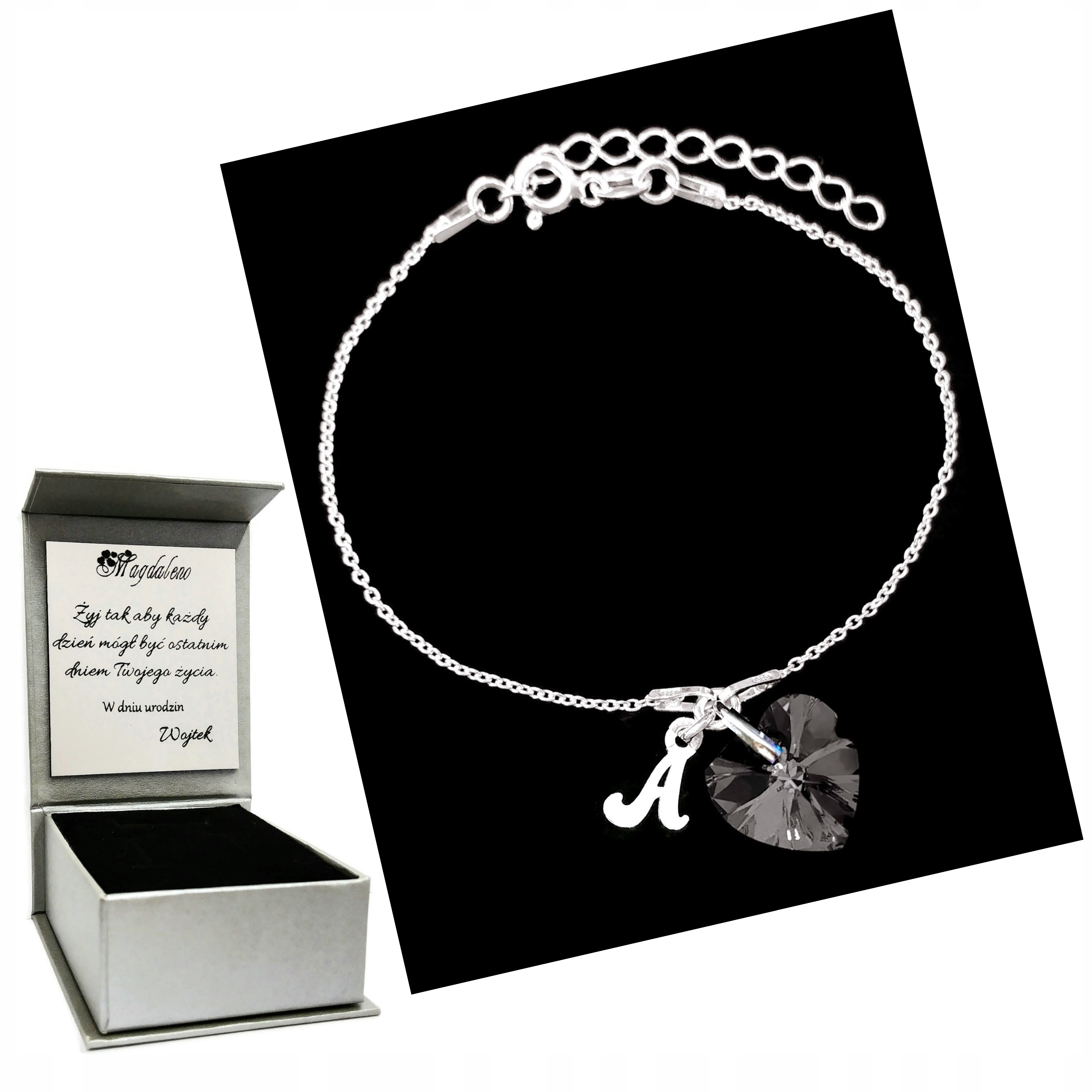 

Bransoletka Litera A Serce Swarovski Grawer Srebro