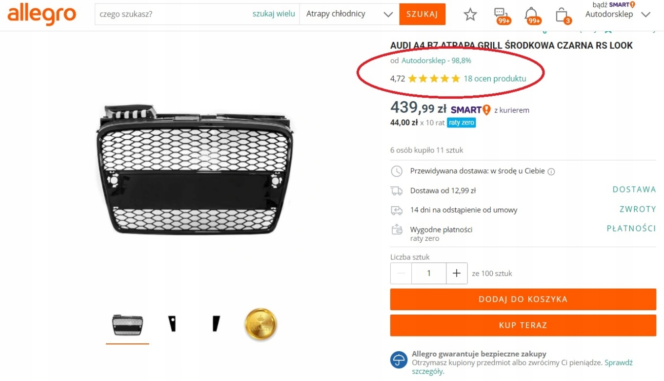 AUDI A4 B7 ATRAPA GRILL ŚRODKOWA CZARNA RS LOOK - Nowa, Nieużywana Strona zabudowy przód