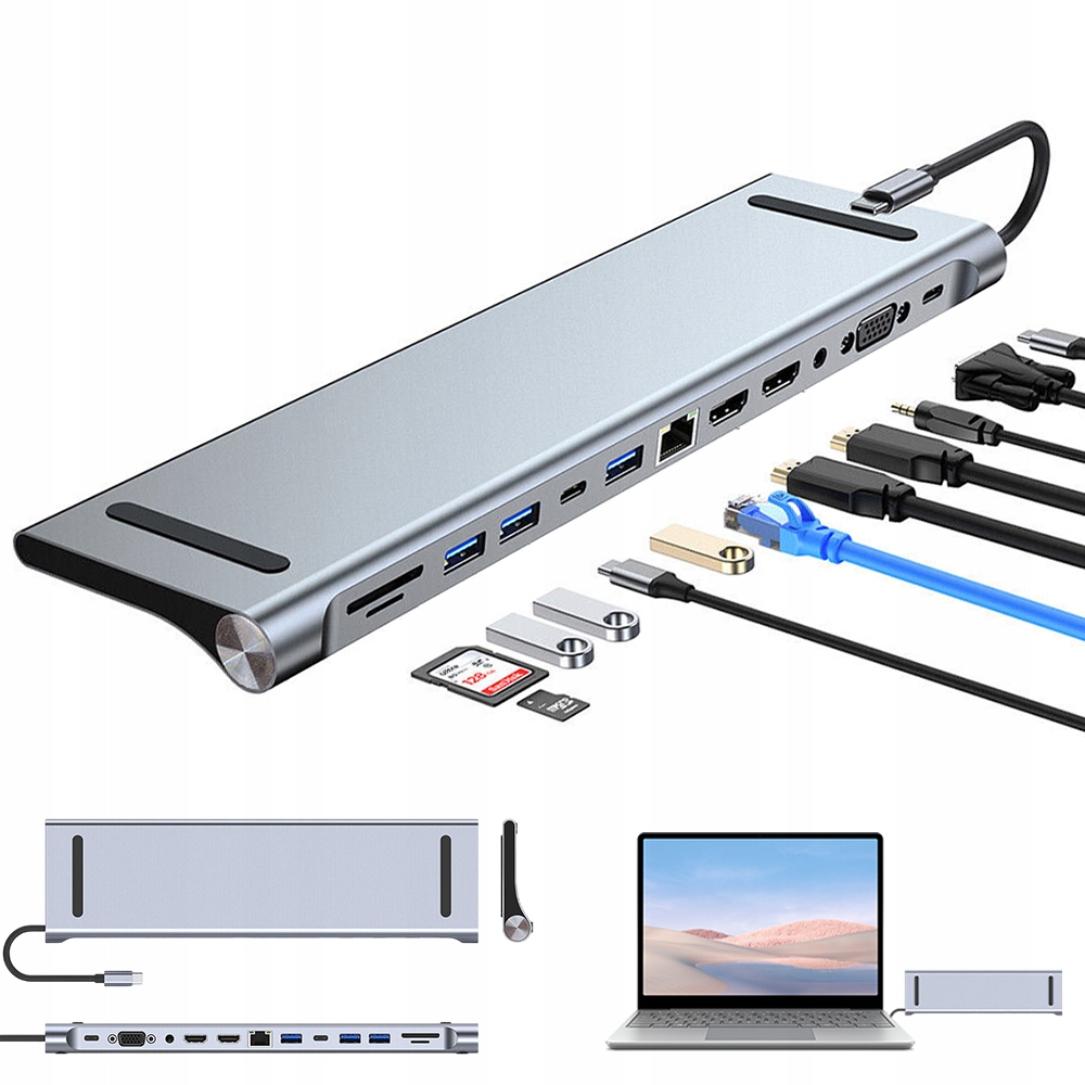 Dokovací stanice Typ-C 12 v 1 s Usb 3.0 Vga Sd Tf a ethernetovým portem