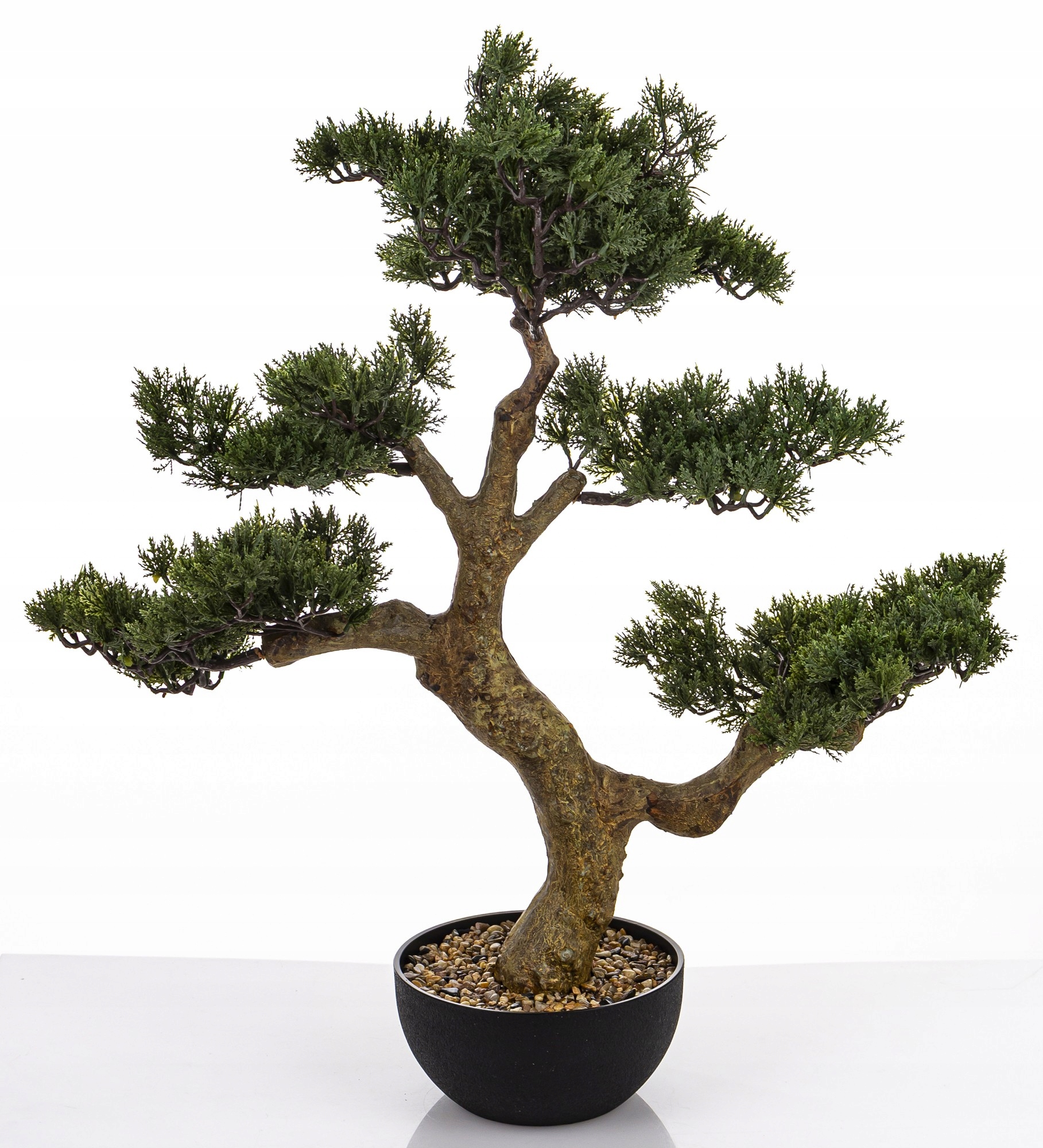 Zelená rastlinná dekorácia v čiernom kvetináči, umelý kvet strom bonsai