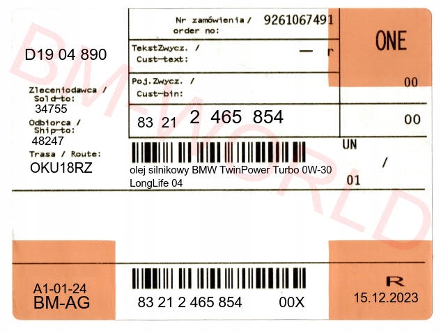 Nowy oryginalny OE BMW olej silnikowy BMW TwinPower Turbo 0W-30 LongLife04 Numer katalogowy części BMW-83212465854X-OE