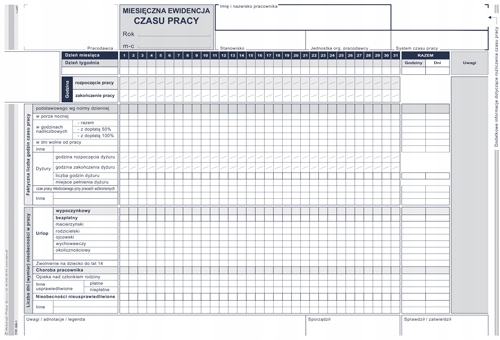 MIESIĘCZNA EWIDENCJA CZASU PRACY A4 526-1 EAN (GTIN) 5906858001433