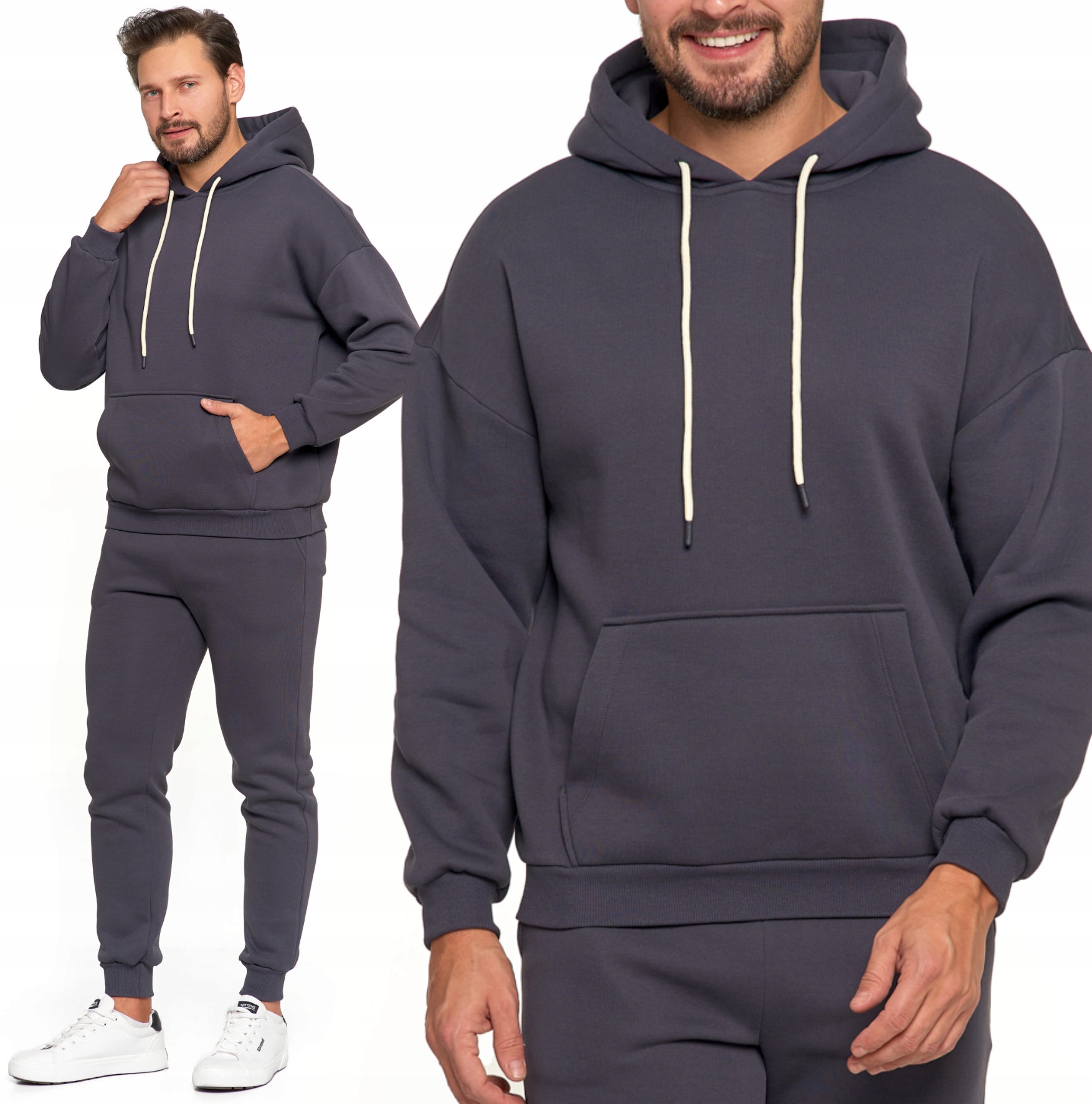 Męska Sportowa Bluza Oversize Bawełniana Moraj Ciepła Bez Wzoru Grafit XL