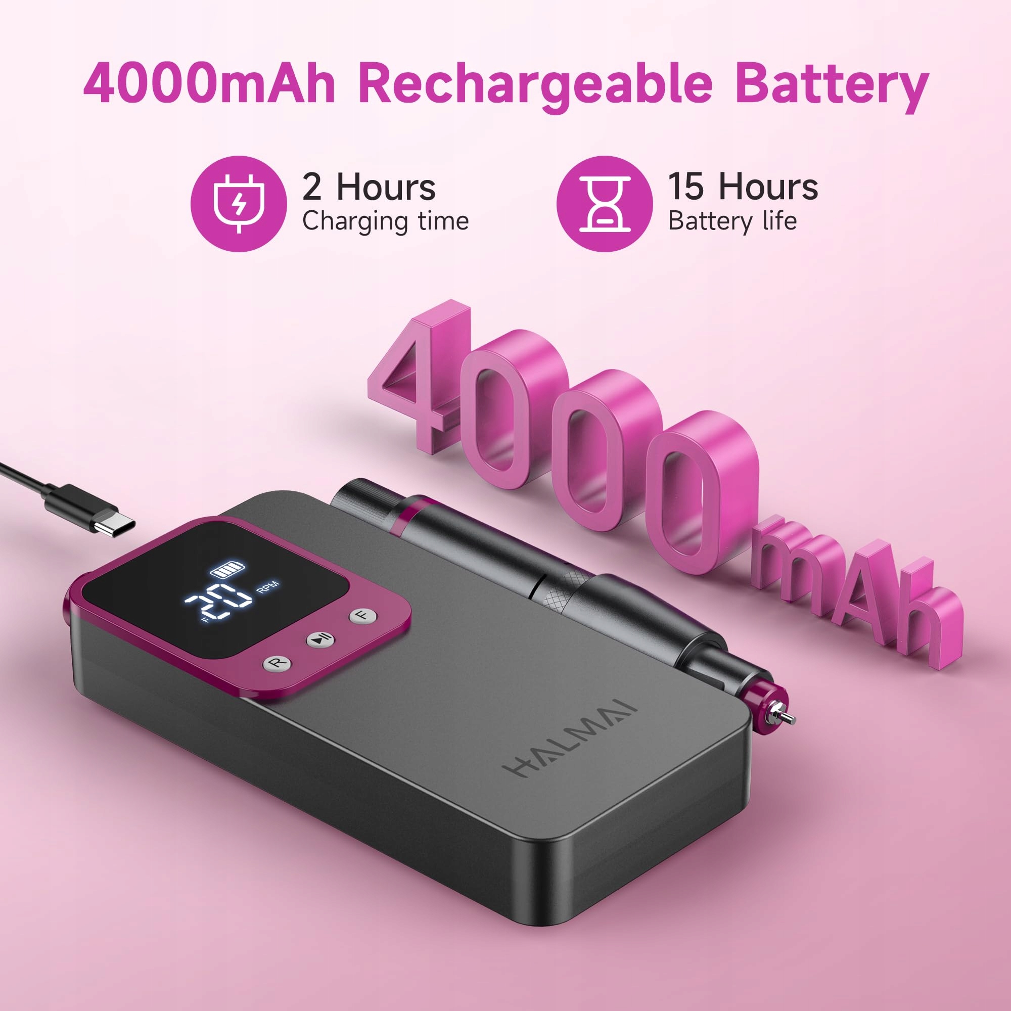 HALMAI Bezprzewodowa Frezarka Do Paznokci 40000RPM Ciemnoszara — miniatura 5