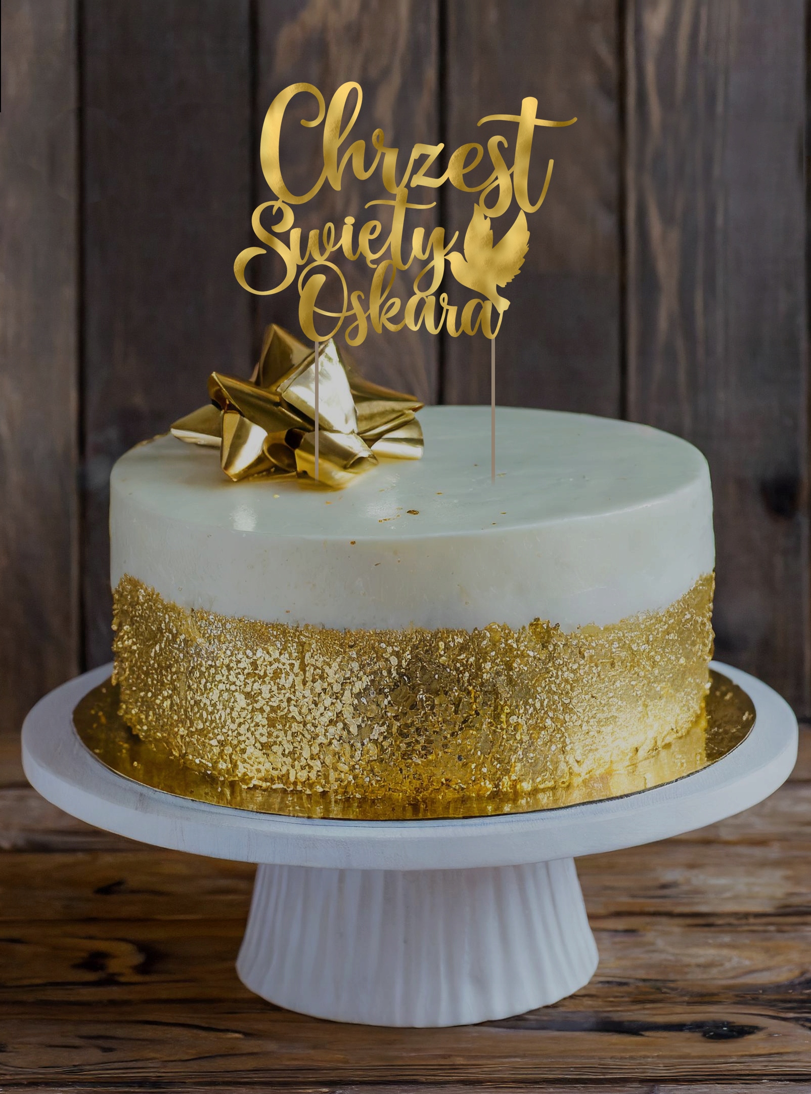 TOPPER dekoracja na tort CHRZEST Św. GOŁĄB + IMIĘ ZŁOTY Stan opakowania oryginalne