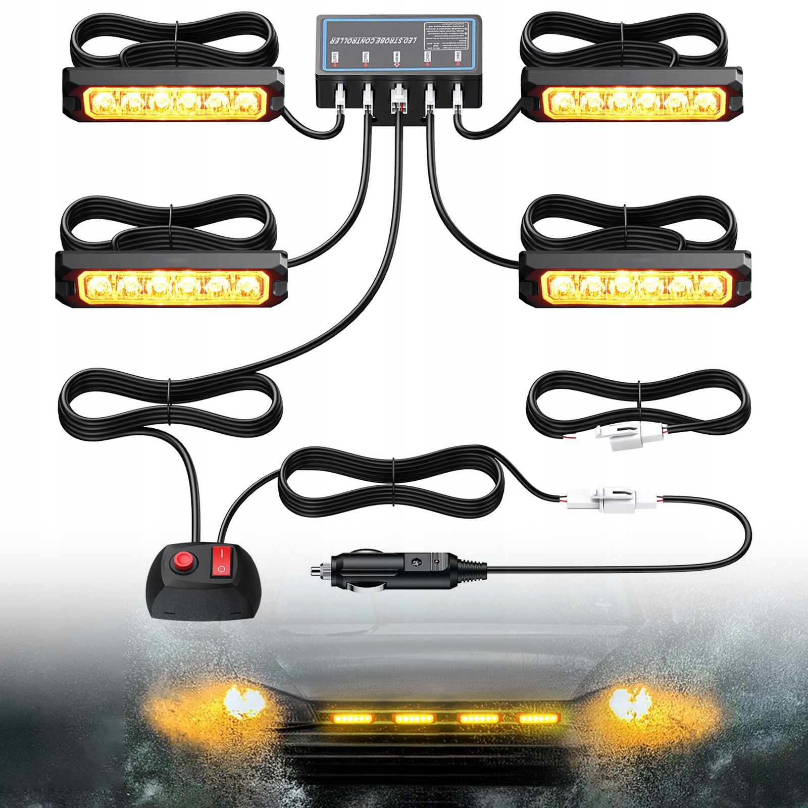 4x Stroboskopická Výstražná Světla Led Lampa Oranžová Pomoc Autopřepravník