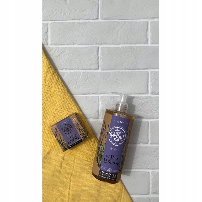 Oryginalne Mydła Marsylskie LAWENDA ECOCERT Mydelniczka - Zestaw Prezentowy Opakowanie butelka z pompką