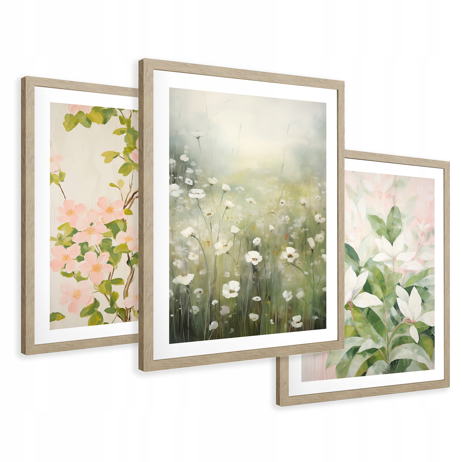 Zestaw Obrazy w ramie plakaty kwiaty łąka boho akwarela tryptyk 73x159