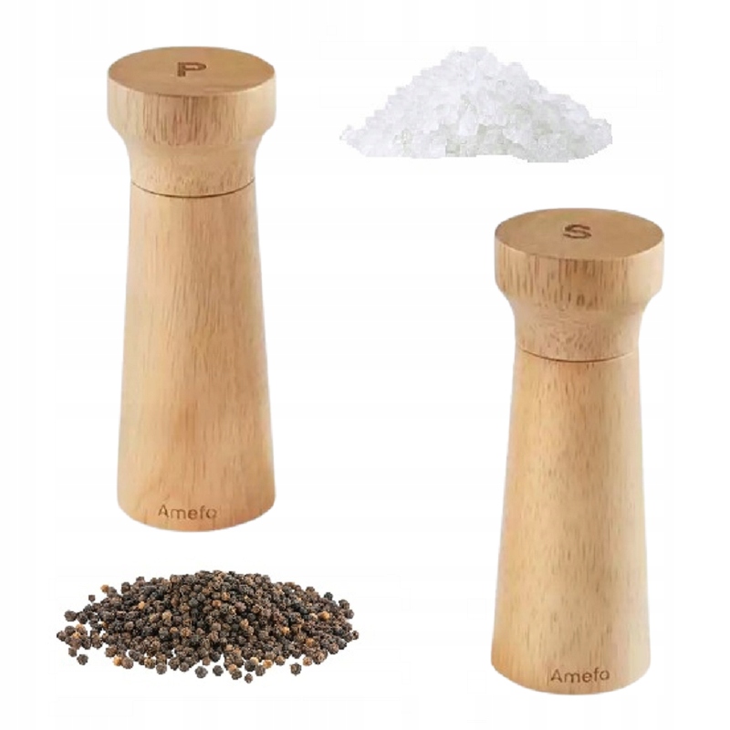 Zestaw 2 Młynki Ceramiczne Soli Pieprzu Przypraw Amefa Jasne Drewno 15 CM