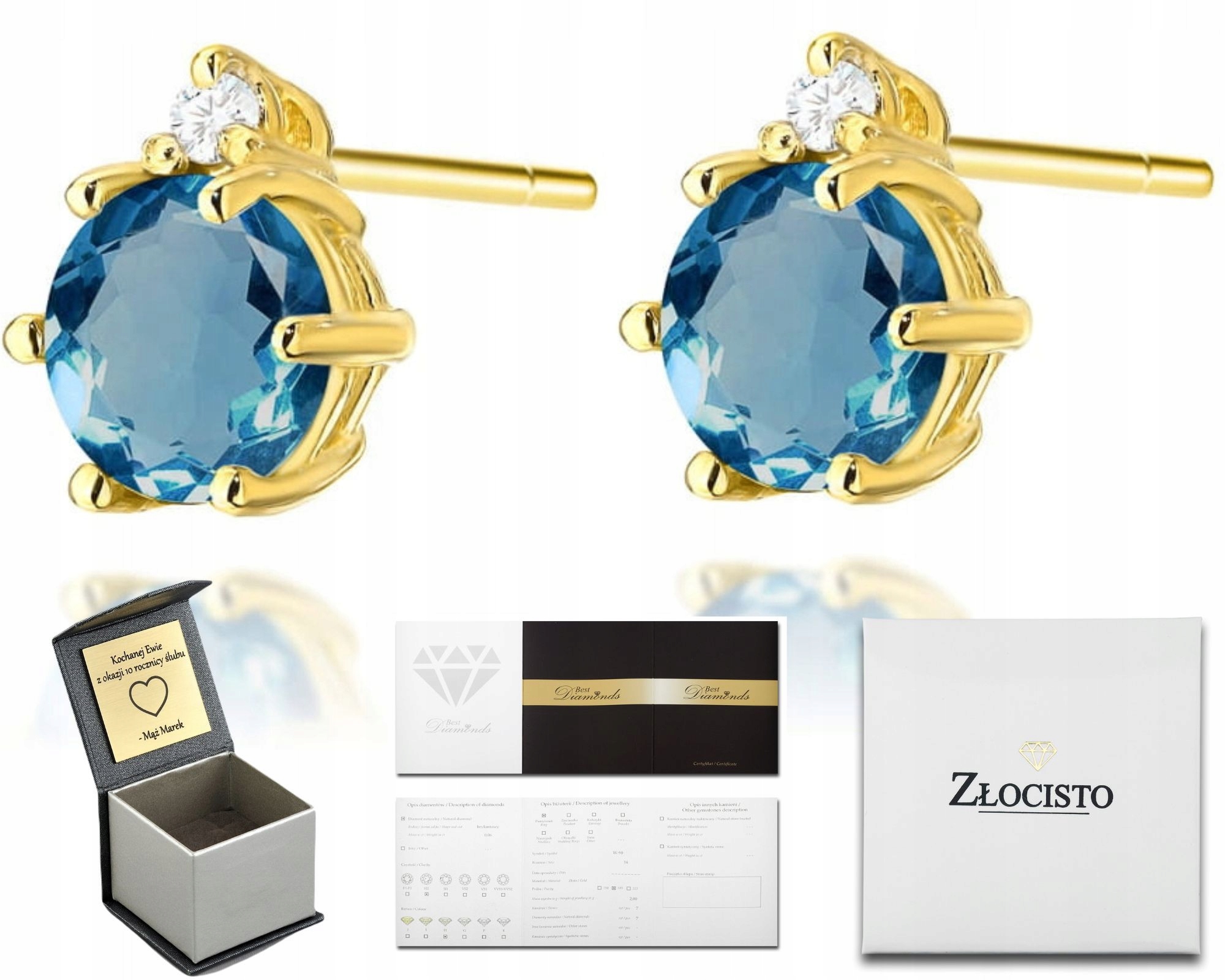 Zlaté Náušnice 585 S Kamenem Přírodní Topaz London Blue Diamanty Gravírování