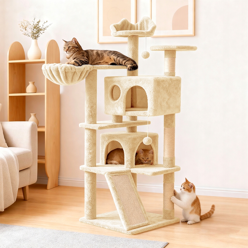 Levně Velký béžový stromek pro kočky s škrabací věží 146 cm pro houpací síť, ideální