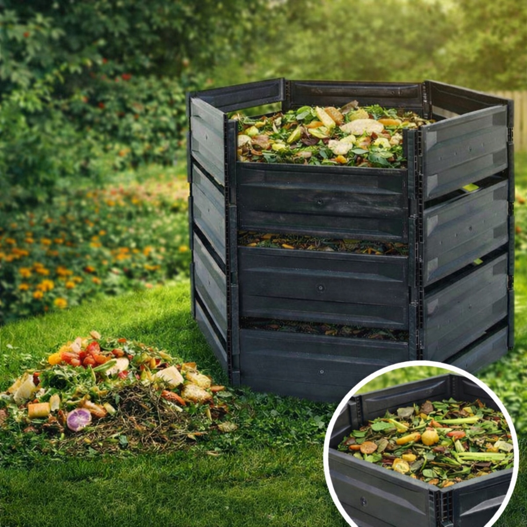 Komposto dėžė sodui, 1050 l, plastikinė, atspari šalčiui, su pagrindu