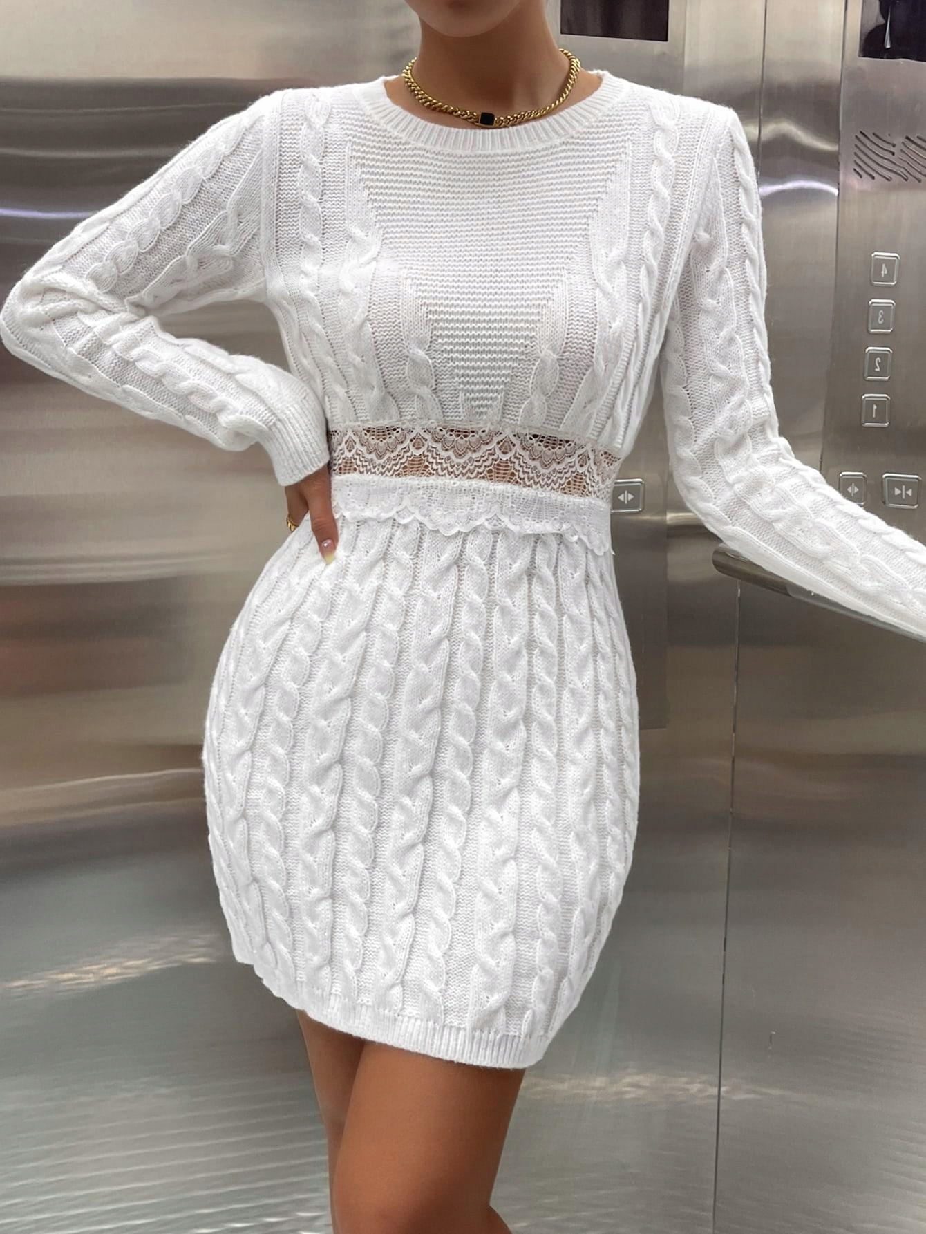 SHEIN SWETERKOWA SUKIENKA WARKOCZOWY SPLOT KORONKA DŁUGI RĘKAW S Długość mini